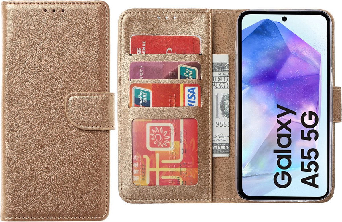 Arara Hoesje geschikt voor Samsung Galaxy A55 hoesje - Bookcase met pasjeshouder - Goud