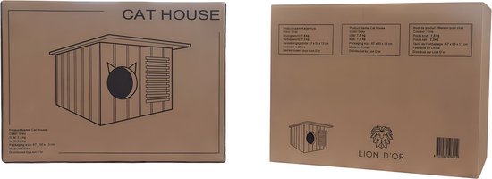 Dozen van grijze kattenren met productinformatie en de tekst 'CAT HOUSE' en 'LION D'OR'. Afmetingen verpakking 67x46x15 cm.