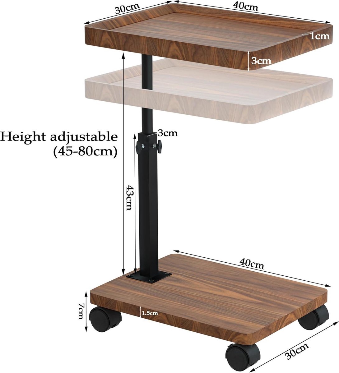Bijzettafel met wieltjes | Bijzettafels in hoogte verstelbaar (45-80 cm