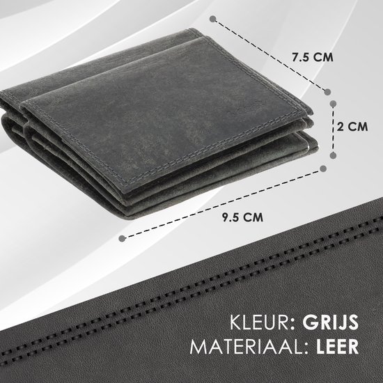 Grijze lederen portemonnee met afmetingen 9,5 cm x 7,5 cm x 2 cm, met dubbele stiksels.