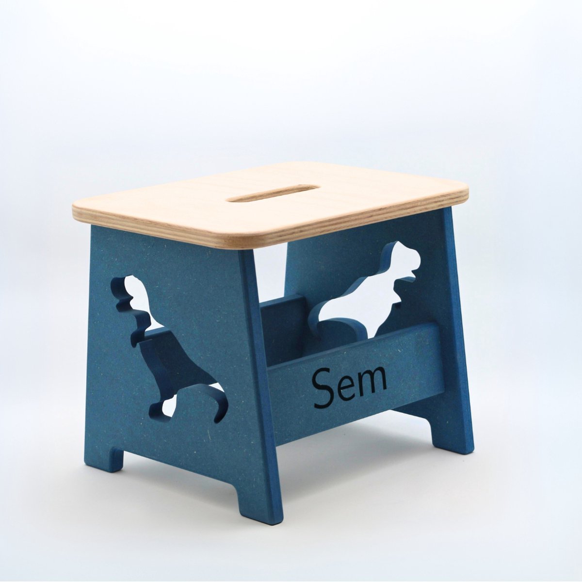 Houten kruk voor kinderen met eigen naam - Kinderkruk - Opstapje - Blauw - Dino - Gepersonaliseerd cadeau