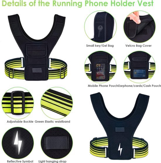 Hardloopvest, mobiele telefoonhouder, ademend reflecterend trainingsvest, loopvest, verstelbare loopriem
