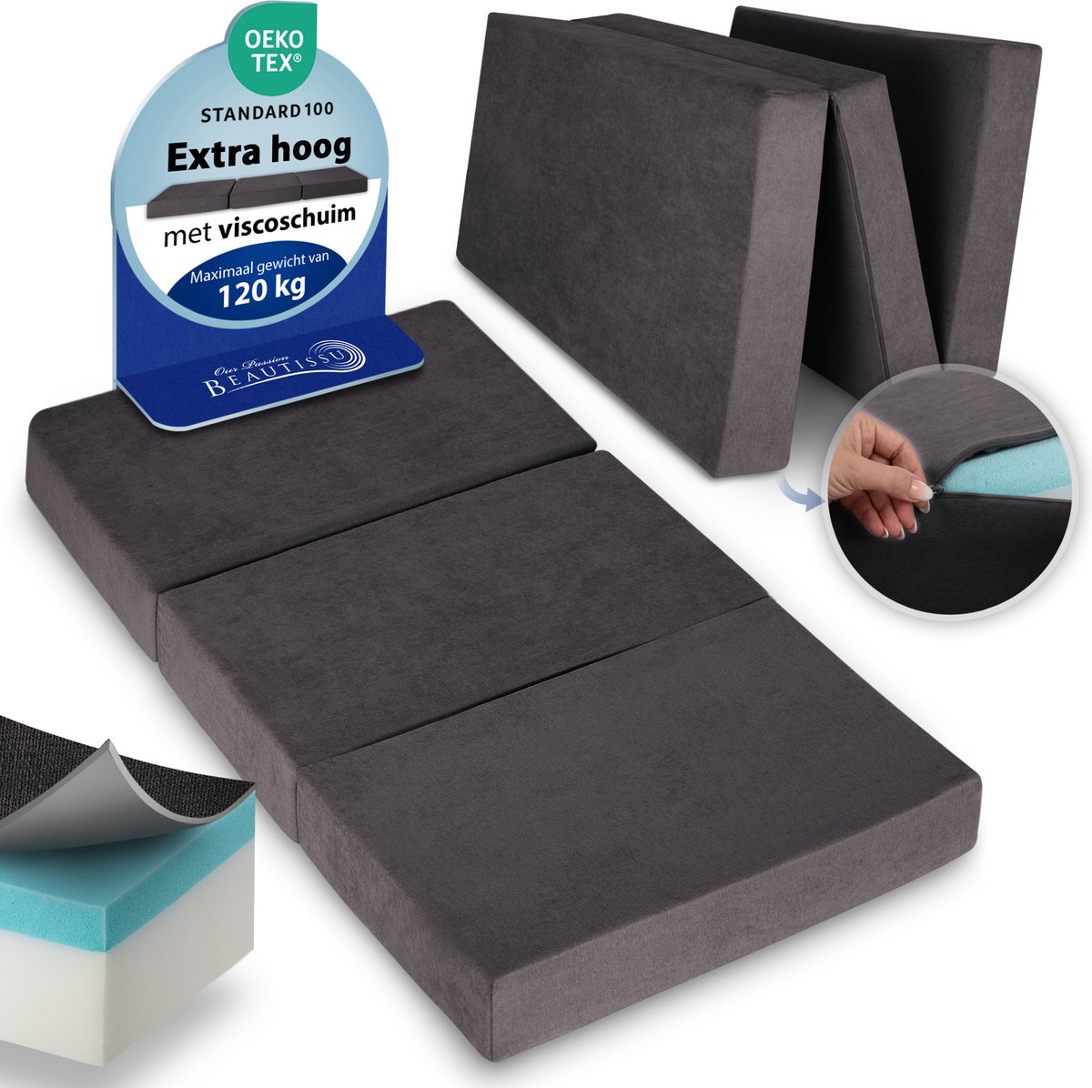 Beautissu VS95 Premium Opvouwbaar Matras XXL 120x200cm Extra Dik 14cm Traagschuim Vouwmatras H3 Wasbar Eenvoudig Transport Antraciet