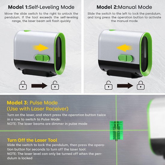 LASGOO groene zelfnivellerende laser, 360° horizontale en verticale laserlijn, 4 helderheidsniveaus, pulsmode, L-beugel, batterijen en draagtas inbegrepen