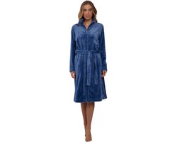 Dames badjas met rits - blauw - fleece - zacht & warm - ritssluiting badjas dames - luxe ochtendjas - reliëfpatroon - maat 4XL (60-62)