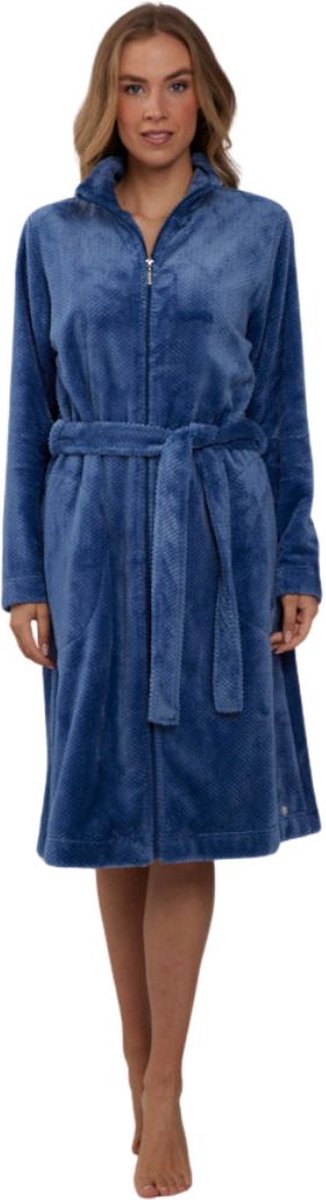Pastunette Dames badjas met rits - blauw - fleece - zacht & warm - ritssluiting badjas dames - luxe ochtendjas - reliëfpatroon - maat 4XL (60-62) Blauw/relïef