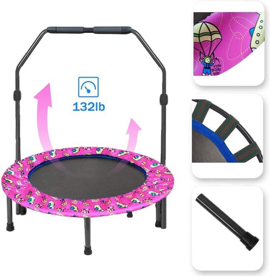 Forroby Trampoline voor kinderen, 91 cm, mini-kindertrampoline met verstelbare handgreep, kindertrampoline met gevoerde veiligheidsafdekking, reboundertrampoline voor springsporten binnen of buiten (paars