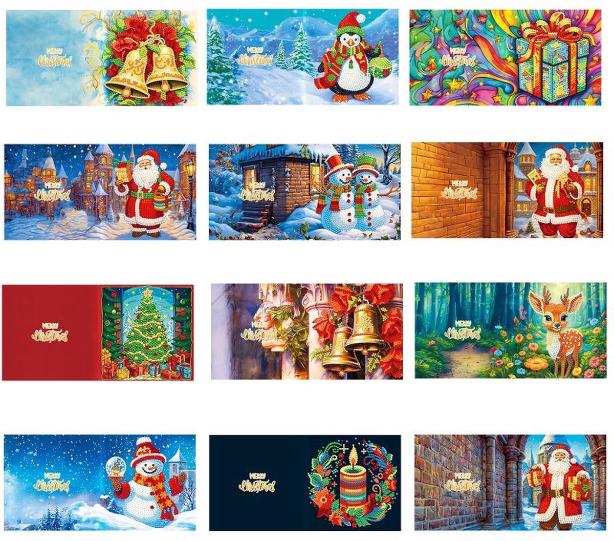Diamond Painting - Kerstkaarten - 12 stuks met enveloppen - Ronde steentjes - Compleet Hobbypakket — afbeelding 3
