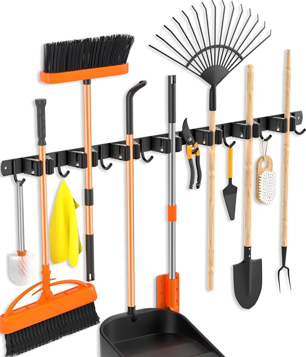 TOJ Bezemhouder Tuingereedschap Bezem Ophangsysteem Gereedschapshouder 7 Houders & 8 Haken 82CM RVS Mat Zwart