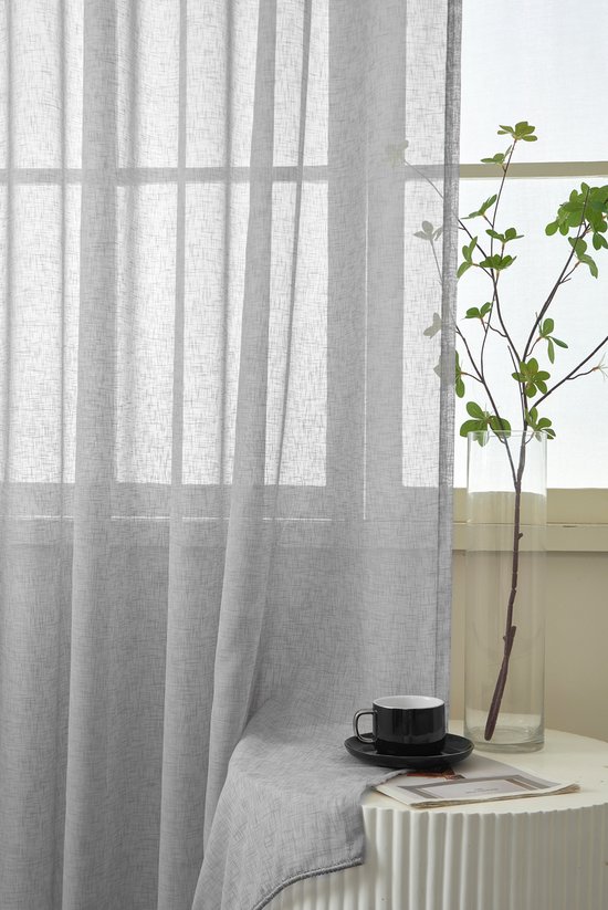 Maroyathome Bibiana - Vitrage - Kant en klaar - Plooiband - Loodveter - Schelphaken - Embrasse - LICHT GRIJS - 200 x 260 cm - 200 cm breed - 260 cm lengte - 1 stuks