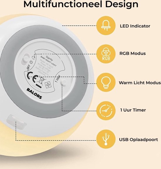 BALORS® Oplaadbaar Nachtlampje met afstandsbediening, Voor Baby, kinderen en volwassenen – Wit Warm licht en 8 RGB kleuren – dimbaar – touch control - Draadloos – Timer- en geheugenfunctie – USB Oplaadbaar Nachtlampje van BALORS® — afbeelding 2