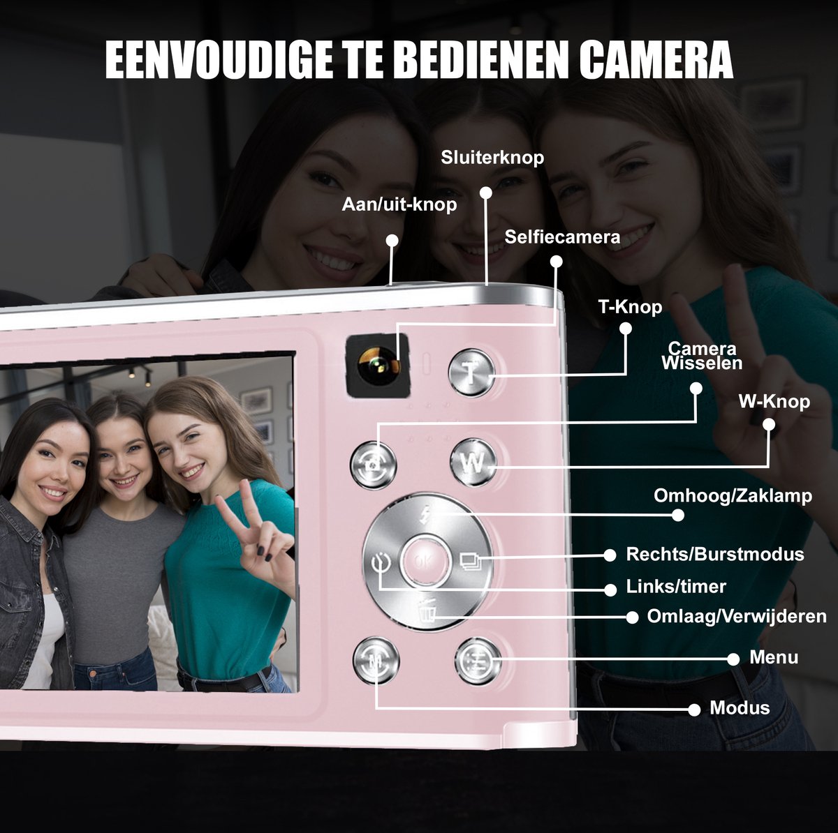 K&L Digitale Camera 4K - Fototoestel - Fotocamera - Compact Camera - Vlog Camera - Voor Kinderen - Inclusief 64GB - NL Software - Roze thumbnail 4