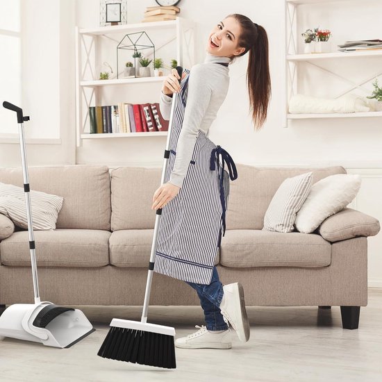 Bezem stofpan set thuis premium lange steel combo rechtopstaande lobby borstel handvat - geweldige rand lichtgewicht robuust van TreeLen — afbeelding 3