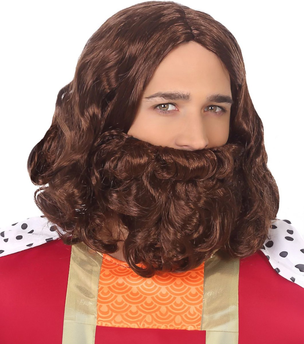 Atosa Verkleedpruik voor heren met baard - bruin - half lang haar - Carnaval - Krijger/ridder/koning/middeleeuwen
