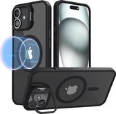 Hoesje geschikt voor iPhone 16 Transparant– 2 in 1 set - Zwart + 2 Camera Protector – MagSafe Case – Met Telefoonstandaard