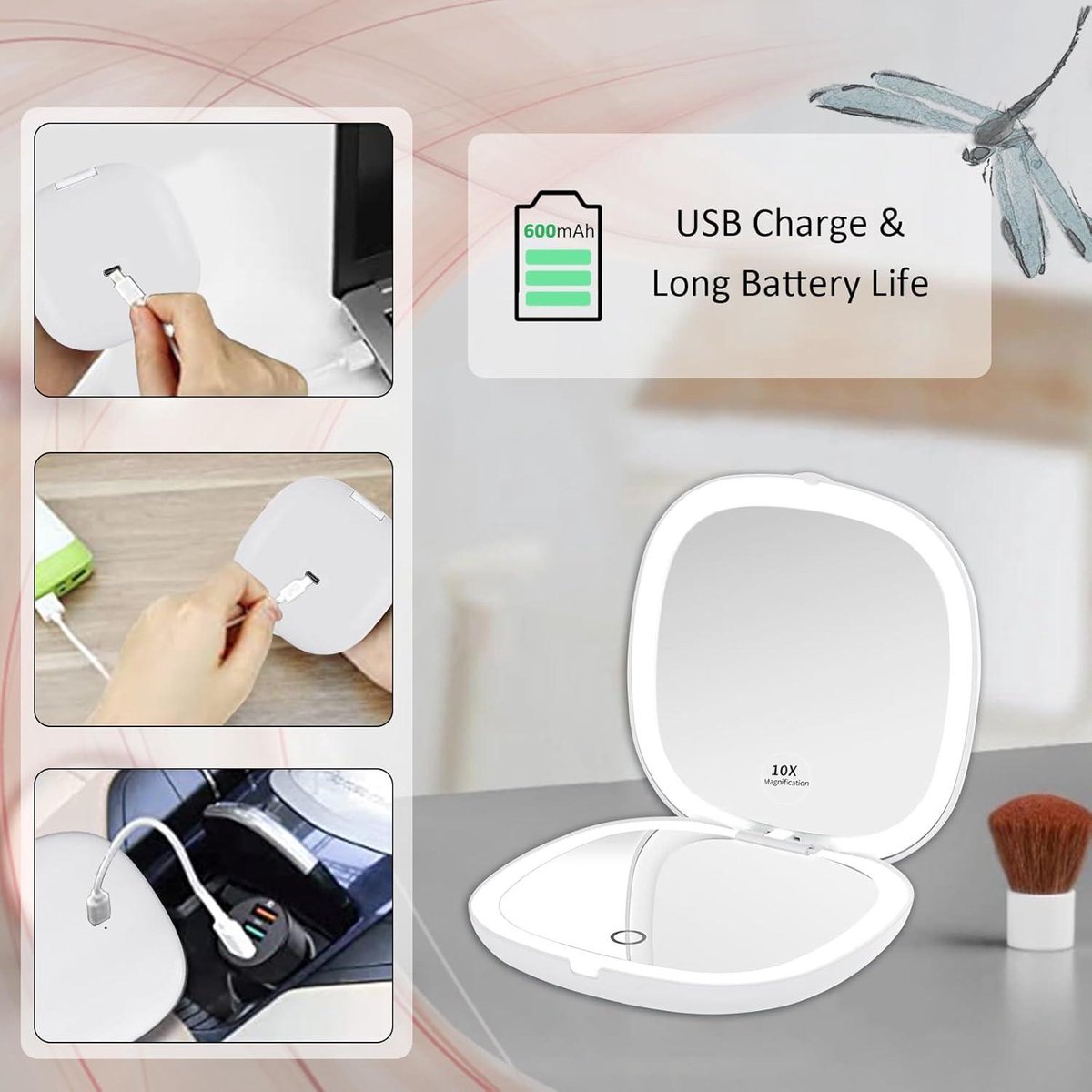 EYMUOBC Kosmet mirror met verlichting, dimbaar met 3 kleurlampen, opvouwbaar en oplaadbaar via USB voor thuis en op reis, perfect spiegel voor je make-uptafel