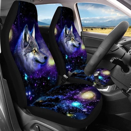 Auto-accessoires - blauwe ruimte en wolf autostoelhoezen voor + achterbankhoezen - set van 4 - universeel - mannen en vrouwen