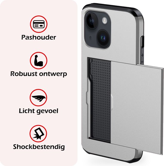 Coque adaptée pour iPhone 15 Plus, porte-cartes, coque rigide avec protecteur d'écran, résistante aux chocs, coque rigide avec porte-cartes – Grijs