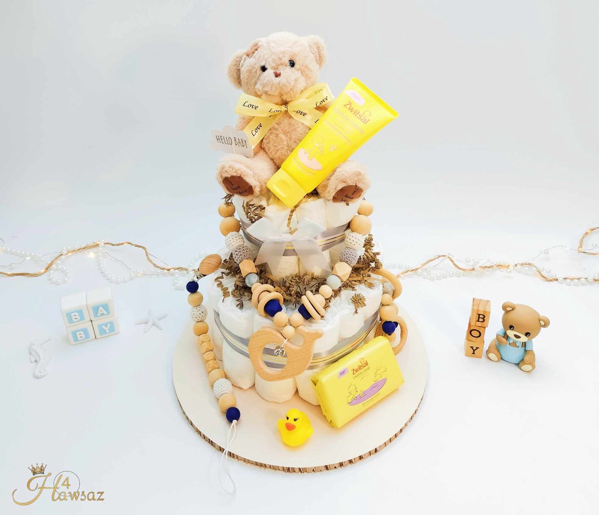 Goedkoopste Luiertaart 37 stuks - kraamcadeau - Hawsaz.nl Cadeau - 30 luiers newborn - Babycadeau - Babygeschenkset - Knuffel - Speenkoord - Rammelaar - Babyshower - Gepersonaliseerde - Wagenspanner kinderwagen - Speelgoed hout - Zwitsal Verzorging