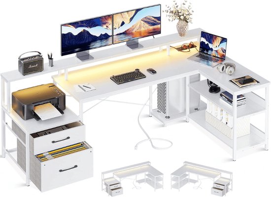Bestier L-vormig hoekbureau met stopcontacten en ledverlichting, omkeerbare computertafel met planken en haken, compact bureau voor thuiskantoor (houtnerfbruin, 132 cm