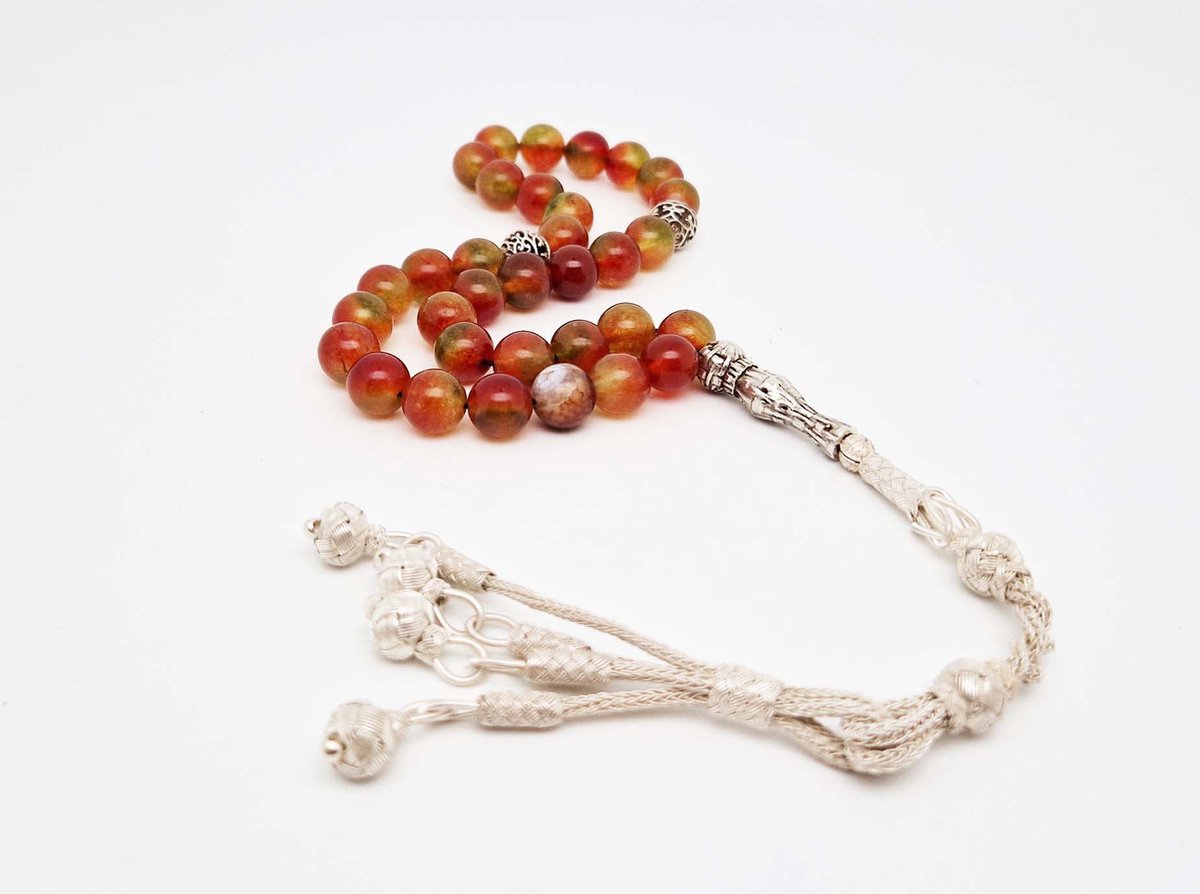 Handgemaakte Tesbih Natuursteen Carneool Agaat en 925 zilver met tassel Aantal kralen 33 Diameter kralen 10 mm