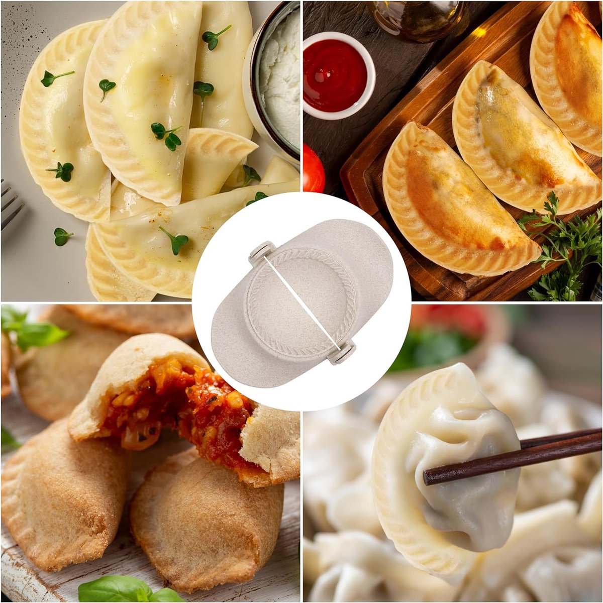 Machine à Raviolis 3 Tailles – Moule Empanadas Gyoza Boulettes – Paille De Blé Écologique – Inclut Coupe-Pâte & Cuillère Inox