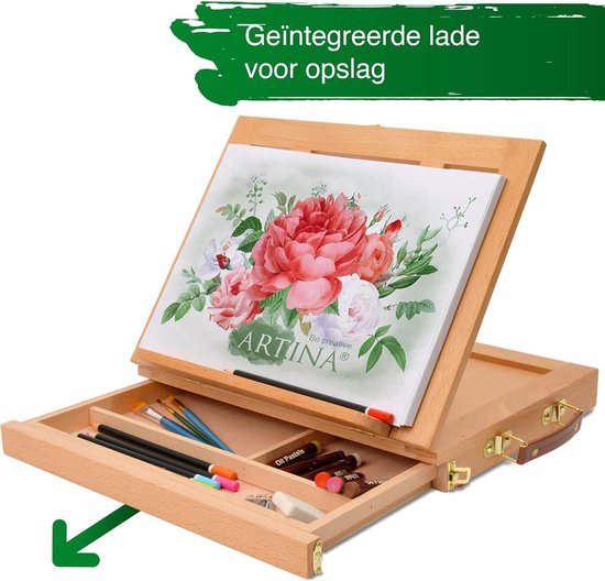 Mont Marte Verstelbare Ezel Houten Tafel Tekenbox Ezels, Draagbare Kunstezel voor Schilderen en Tekenen