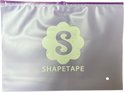 Lichtpaarse, doorschijnende pouch met ritssluiting en een lichtgroen logo met de letter 'S' en 'SHAPETAPE'.