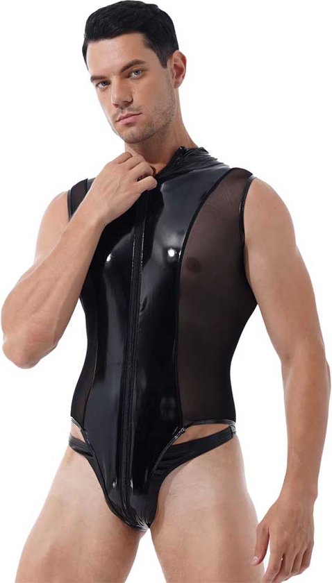 Mannen latex wetlook Catsuit - Erotische bodysuit PU Leder - Jumpsuit - Mouwloos - Transparante zijkanten - Ritssluiting
