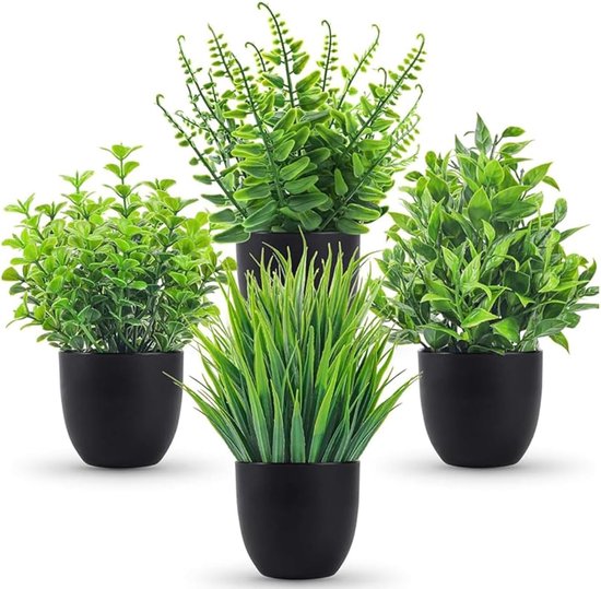 4 Plantes Artificielles En Pot - 23 Cm, Plastique Résistant UV - Déco Bureau, Maison, Balcon, Sans Entretien - 4