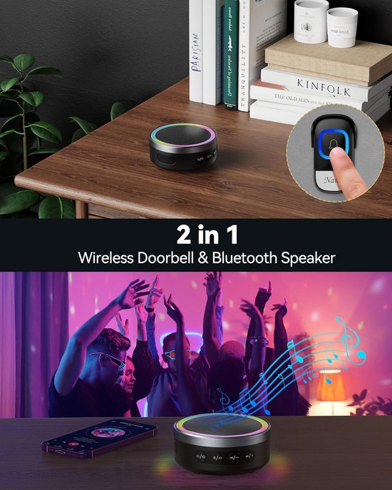 TECKNET Draadloze Bluetooth speaker met deurbelfunctie - Oplaadbaar met RGB Licht - Bereik tot 400M - 100dB / Mute Mode — afbeelding 2