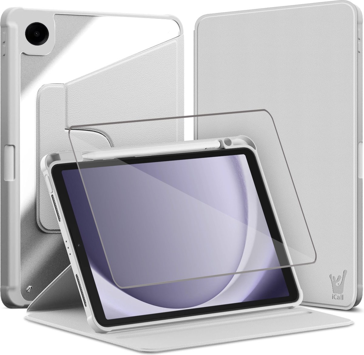Hoes met Screenprotector geschikt voor Samsung Galaxy Tab A9 Plus / Tab A11 Plus - Book Case Premium Sleep Cover Kunstleer 360 Graden Draaibaar met Auto/Wake Functie en Pencilhouder - Grijs