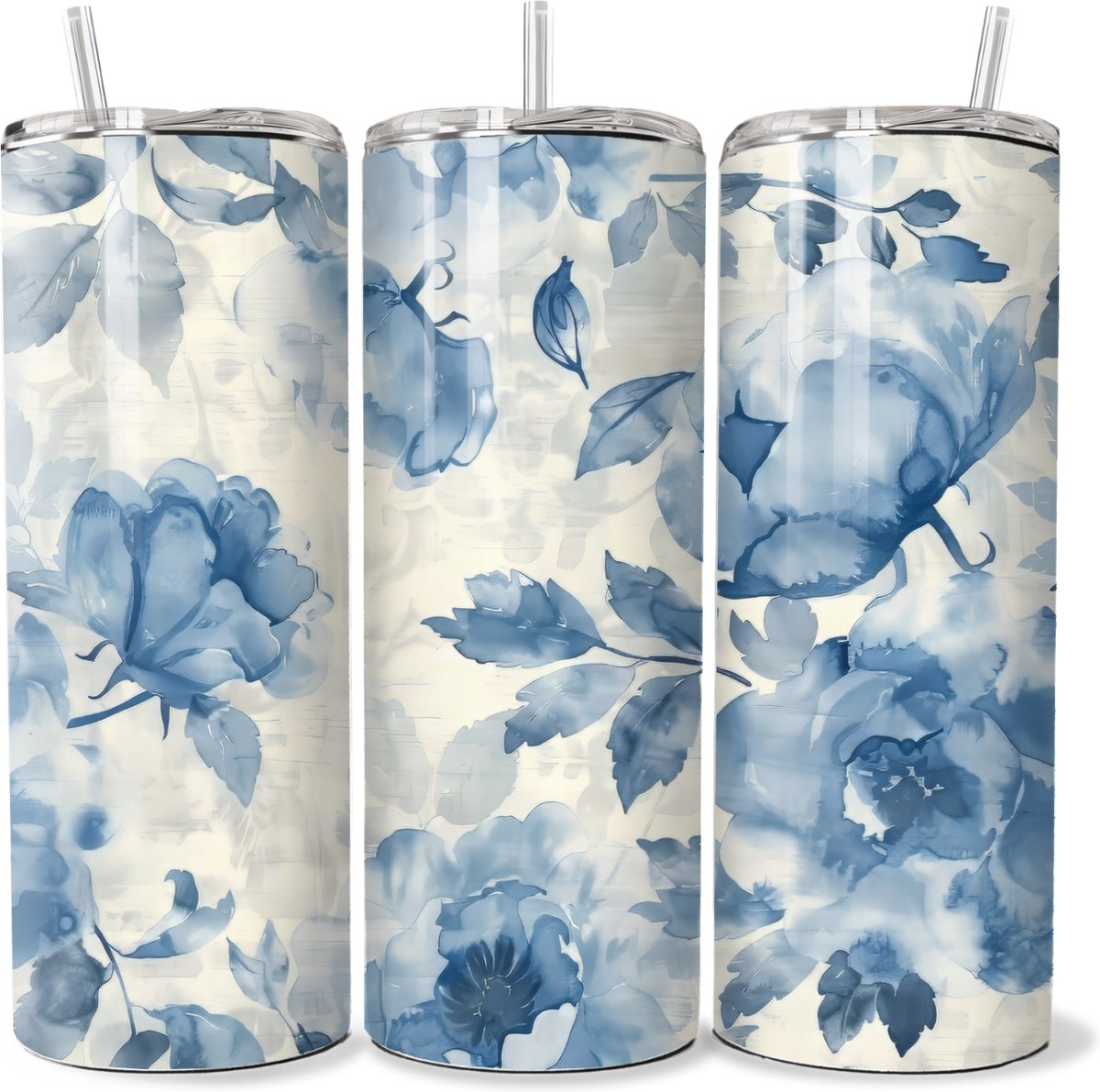 KadoDash - Tumbler - Drinkbeker - Isolatiebeker - Blauwe bloemen