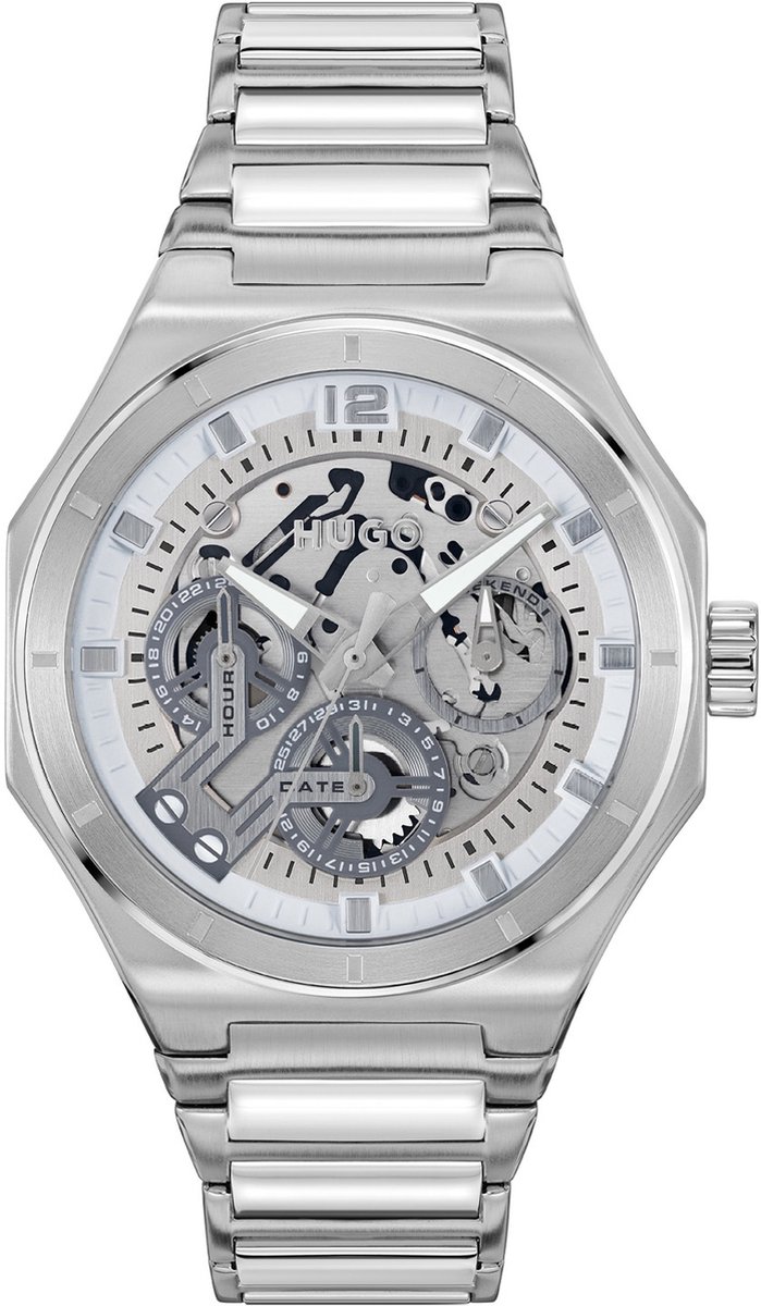 HUGO HU1530377 #GRAIL SKELETON Heren Horloge - Mineraalglas - Staal - Zilverkleurig - 44 mm breed - Quartz - Vouw-Vlindersluiting - 5 ATM (douchen)