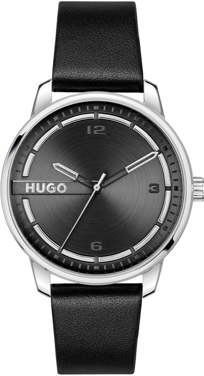 HUGO HU1530362 #STAMP Heren Horloge - Mineraalglas - Staal-Leer - Zilverkleurig-Zwart - 42 mm breed - Quartz - Gesp - 3 ATM (spatwater)