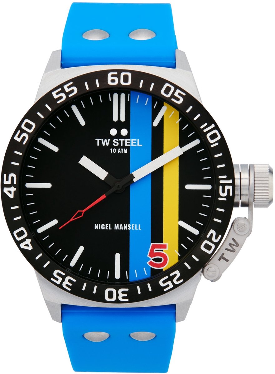 TW Steel TWCS113 Canteen - Nigel Mansell Heren Horloge - Mineraalglas - Staal-Silicone - Blauw-Zilverkleurig - 45 mm breed - Quartz - Gesp