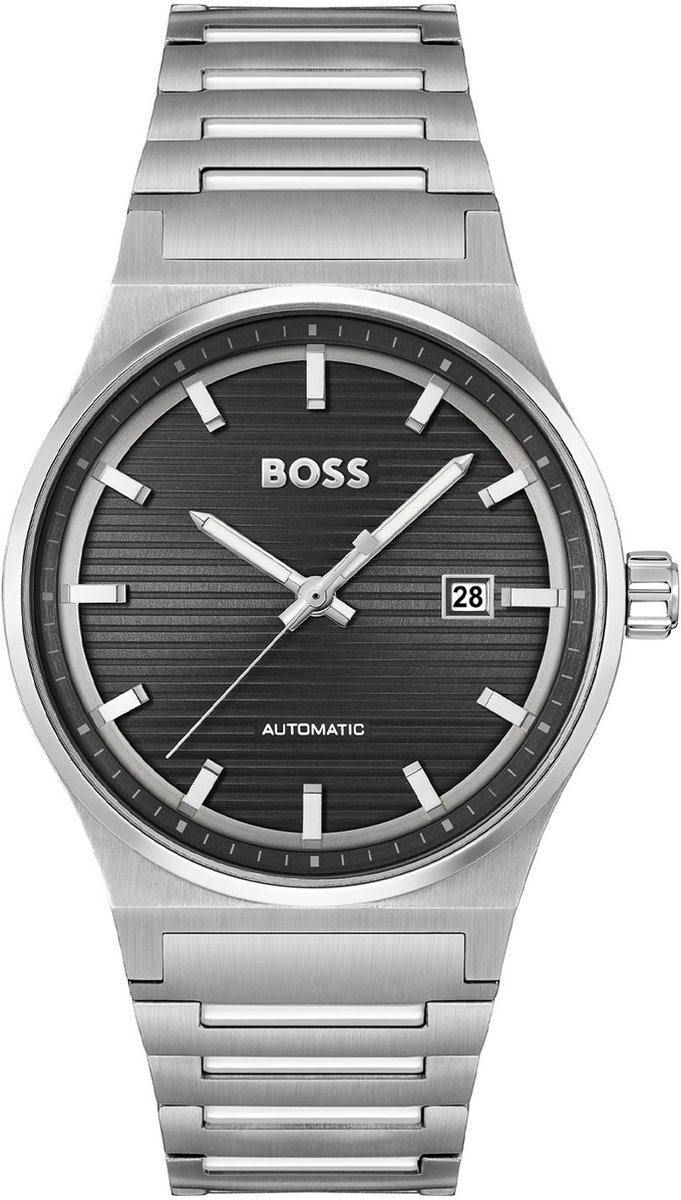 BOSS HB1514117 CANDOR AUTO Heren Horloge - Mineraalglas - Staal - Zilverkleurig - 41 mm breed - Automatisch - Vouw-Vlindersluiting - 5 ATM (douchen)