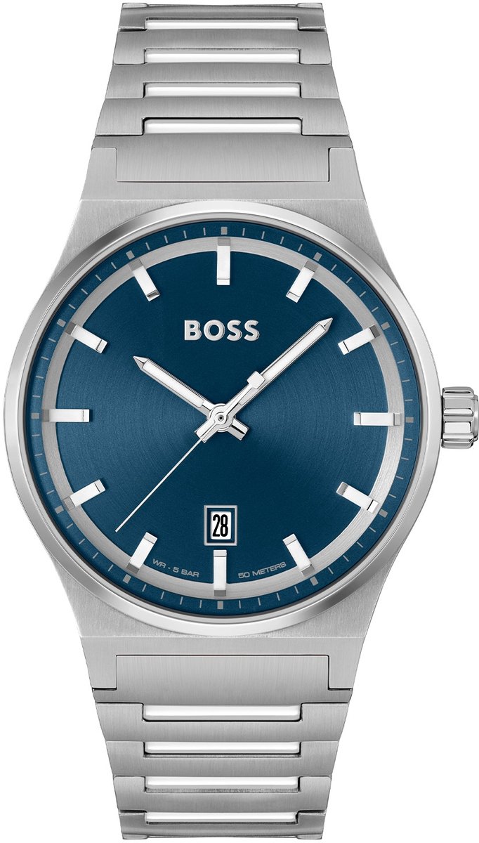 BOSS HB1514076 CANDOR Heren Horloge - Mineraalglas - Staal - Zilverkleurig - 41 mm breed - Quartz - Vouw-Vlindersluiting - 5 ATM (douchen)