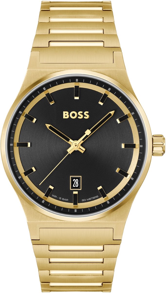 BOSS HB1514077 CANDOR Heren Horloge - Mineraalglas - Staal - Goudkleurig - 41 mm breed - Quartz - Vouw-Vlindersluiting - 5 ATM (douchen)