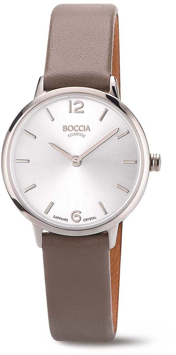 Boccia Titanium 3345-01 Dames Horloge - Saffierglas - Titanium-Leer - Grijs-Zilverkleurig - 28 mm breed - Quartz - Gesp - 5 ATM (douchen)