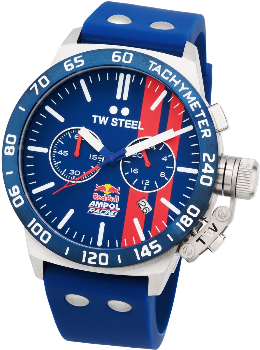 TW Steel TWCS120 Canteen Heren Horloge - Chronograaf - Mineraalglas - Staal-Silicone - Blauw-Zilverkleurig - 45 mm breed - Quartz - Gesp