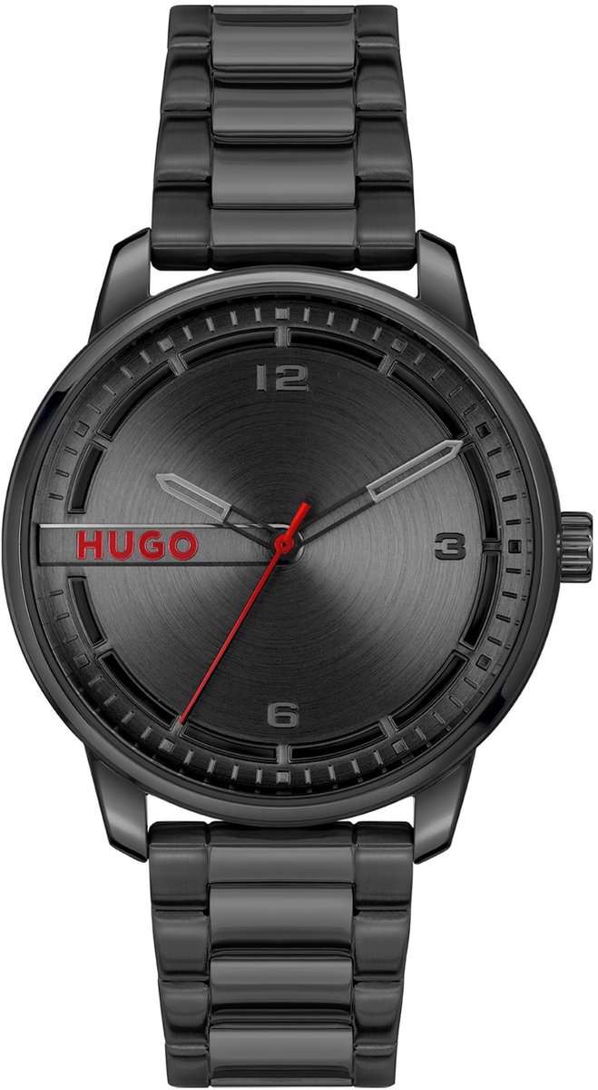 HUGO HU1530365 #STAMP Heren Horloge - Mineraalglas - Staal - Zwart - 42 mm breed - Quartz - Vouw-Vlindersluiting - 3 ATM (spatwater)