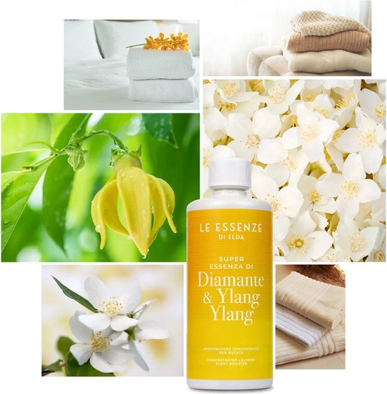 Collage met witte handdoeken, een gele ylang-ylang bloem en de "Diamante & Ylang Ylang" wasparfumfles.