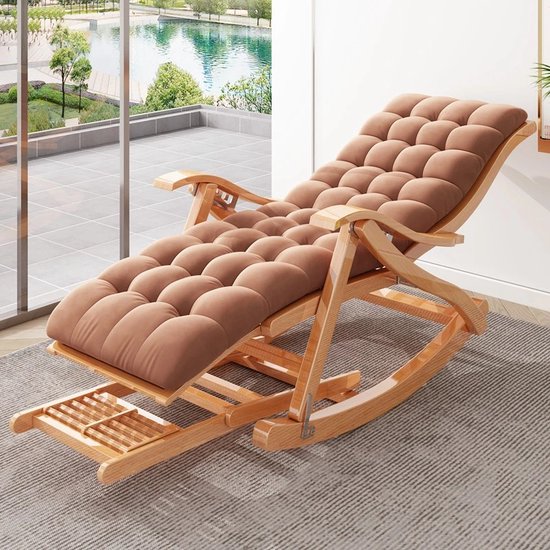 Foto: Bamboe modern opvouwbare schommelstoel bruin zacht ligkussen en voetmassage ontspannen inklapbare stoel comfort fauteuil verstelbaar stoel voetsteun ontwerp ergonomisch ligstoel opvouwbaar binnen buiten duurzaam ontspanning veelzijdig