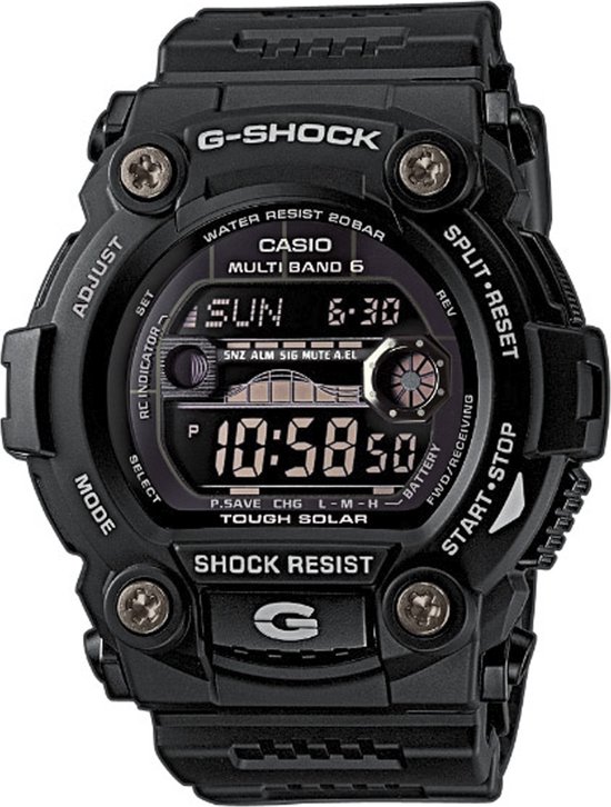 Zwart G-Shock horloge met digitale display, 'START-STOP' en 'SPLIT-RESET' knoppen.