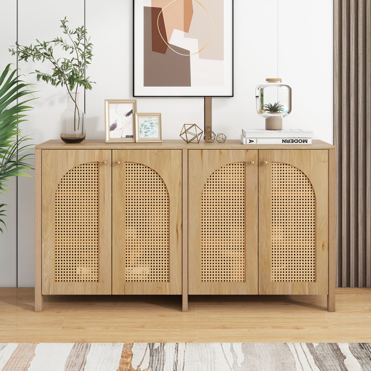 Sweiko Een Moderne Bestekkast in Minimalistische Stijl met vier rieten deuren en metalen handgrepen Een eenvoudige Buffetkast in de eetkamer, Woonkamer en keuken (Natuurlijke kleur)