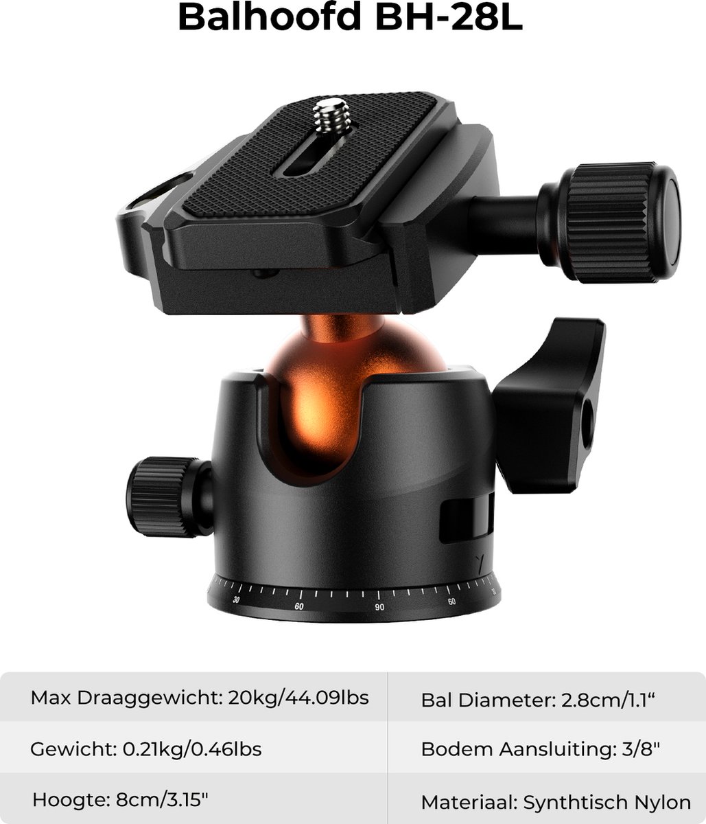 K&F K234A0 Tripod Statief voor Camera/ Mobiele Telefoon - 163 cm Aluminium Camerastatief met Telefoonhouder thumbnail 4