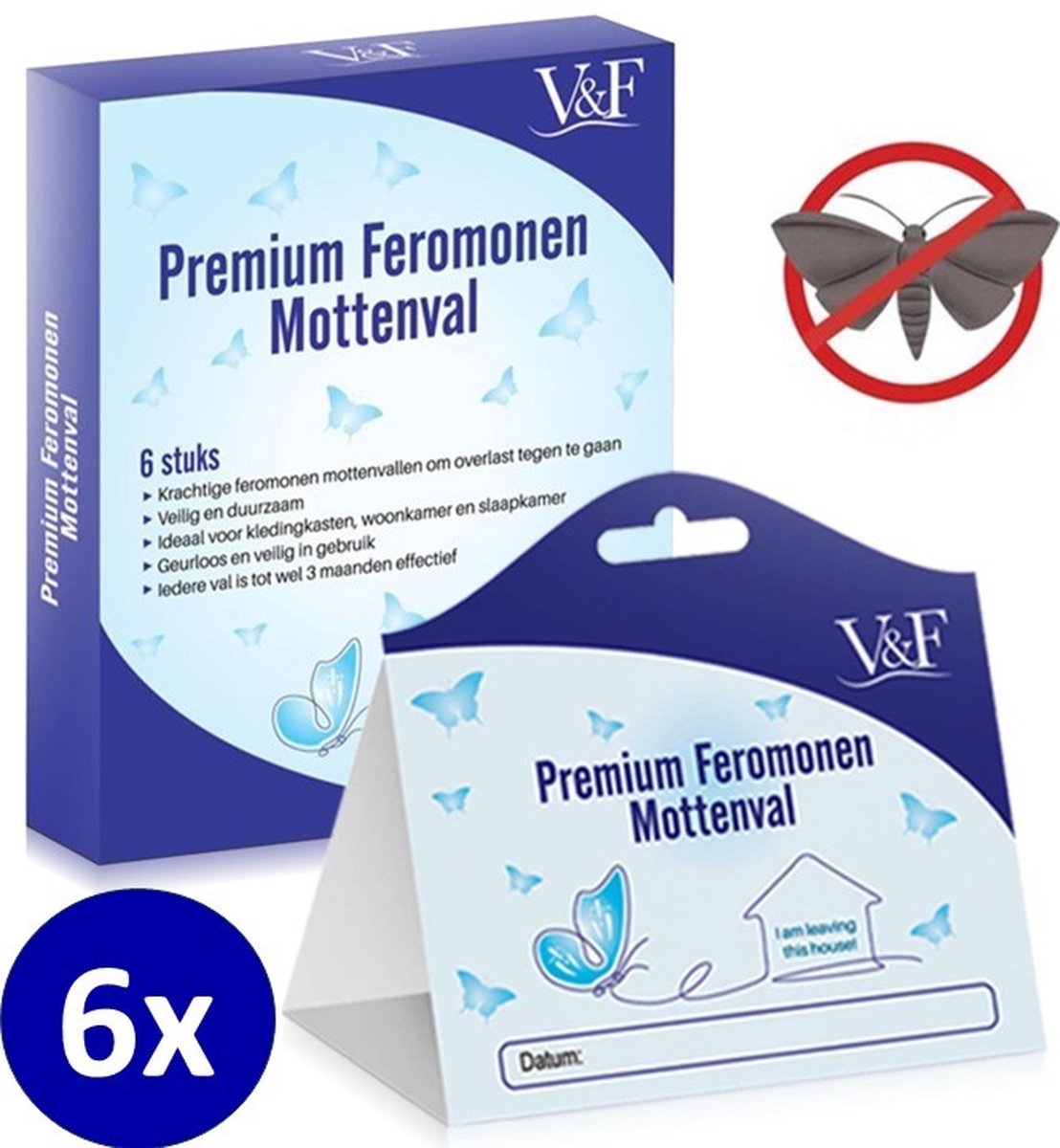 V&F PREMIUM Feromonen Mottenvallen – 6 stuks Speciaal Tegen Voorraadmotten en Meelmotten Mottenval Mottenbestrijding Motten Bestrijden Motten Mottenballen Mottenpapier Mottenval levensmiddelen Voorraadmotten Anti Motten