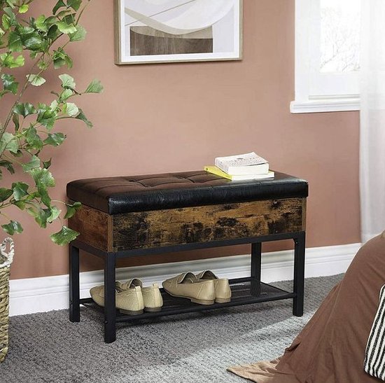 MIRA Home - Bank - Schoenen bank - Bruin - Zwart - Kunstleer - Metaal- 40x40x60