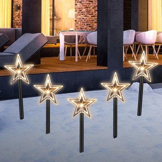 Kerstster Tuinlantaarn - Tuinlamp met Grondspies - Tuinverlichting Kerst - Kerstverlichting - Tuinsteker Lamp - 5 Stuks - Met Timer -Op Batterijen